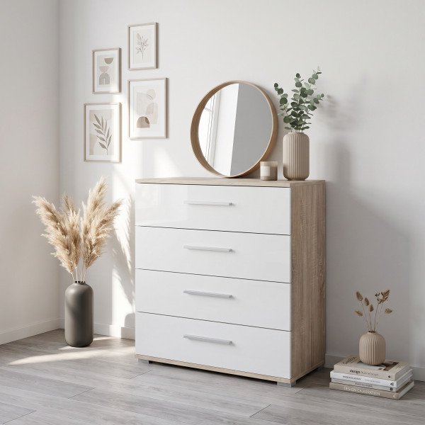 NEST modern fiókos komód – tölgy / fehér – 77 cm