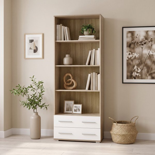 NEST modern könyvespolc 2 fiókkal – tölgy / fehér – 77 cm