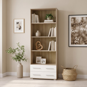 NEST modern könyvespolc 2 fiókkal – tölgy / fehér – 77 cm HALMAR