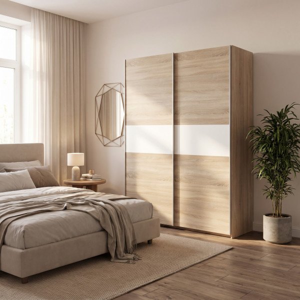 NEST modern tolóajtós gardróbszekrény – tölgy / fehér – 153 cm