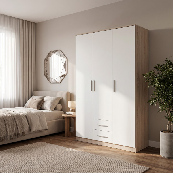 NEST modern gardróbszekrény 2 fiókkal – tölgy / fehér – 120 cm
