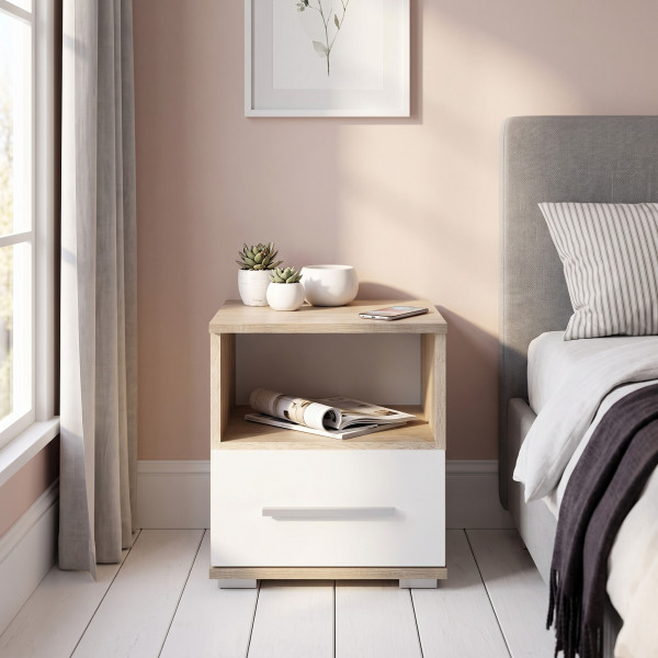 NEST modern éjjeliszekrény fiókkal – tölgy / fehér – 39 cm