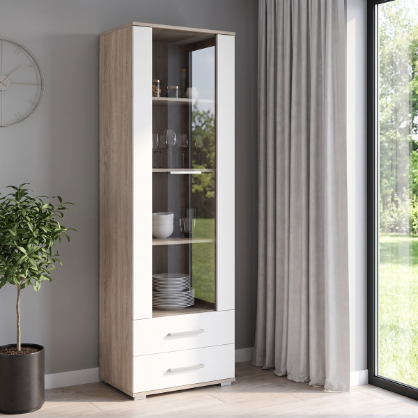 NEST modern vitrin 2 fiókkal – tölgy / fehér – 60 cm