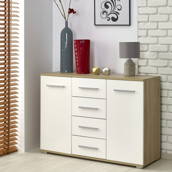 NEST modern komód 4 fiókkal – tölgy / fehér – 116 cm
