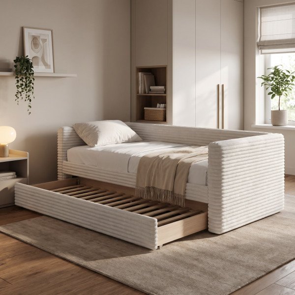 NESTY modern kárpitozott ágy kihúzható pótággyal – krém – 90 × 200 cm
