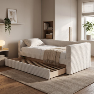 NESTY modern kárpitozott ágy kihúzható pótággyal – krém – 90 × 200 cm 90 cm