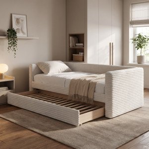 NESTY modern kárpitozott ágy kihúzható pótággyal – krém – 90 × 200 cm 90 cm