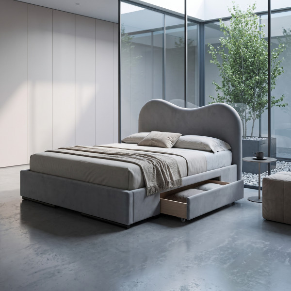 PLUSH modern kétszemélyes kárpitozott ágy fiókokkal – szürke – 160 × 200 cm