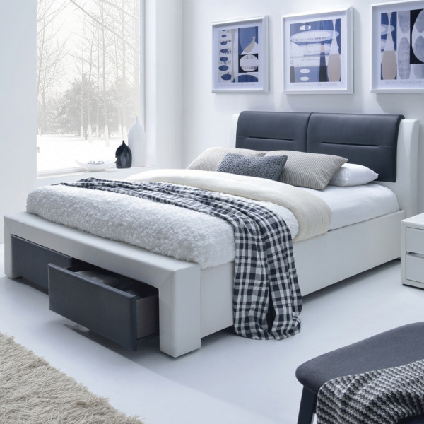 MONO modern kárpitozott franciaágy fiókokkal – fehér / fekete – 160 × 200 cm