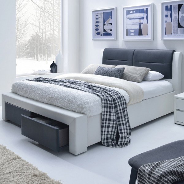 MONO modern kárpitozott franciaágy fiókokkal – fehér / fekete – 160 × 200 cm