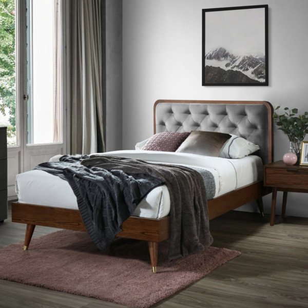 VELVET modern kárpitozott ágy – szürke / dió – 120 × 200 cm