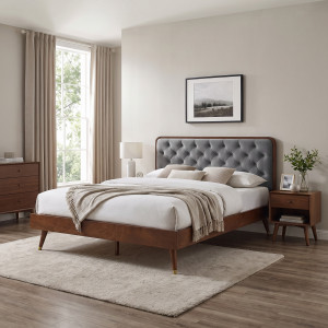 VELVET modern kárpitozott franciaágy – szürke / dió – 140 × 200 cm 140 cm