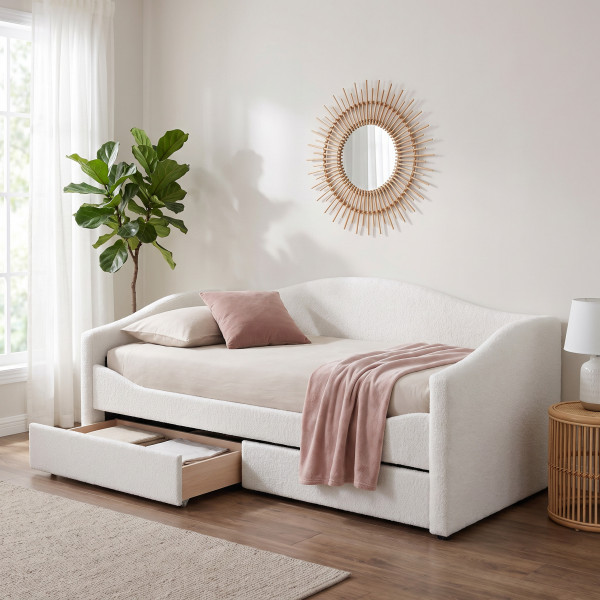 COZY modern bouclé kárpitozott ágy fiókokkal – krém – 90 × 200 cm