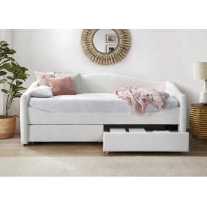 COZY modern bouclé kárpitozott ágy fiókokkal – krém – 90 × 200 cm