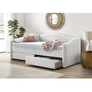 COZY modern bouclé kárpitozott ágy fiókokkal – krém – 90 × 200 cm