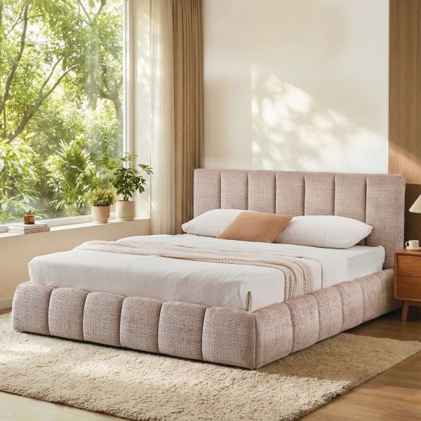 CUSHY modern kárpitozott franciaágy ágyneműtartóval – bézs – 160 × 200 cm