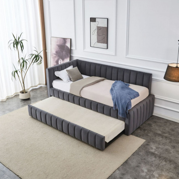 SOFTY kihúzható kárpitozott ágy – szürke – 90x200 cm