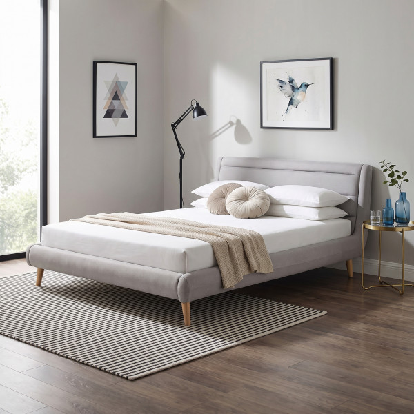 CALM modern kárpitozott franciaágy – világosszürke / natúr – 160 × 200 cm