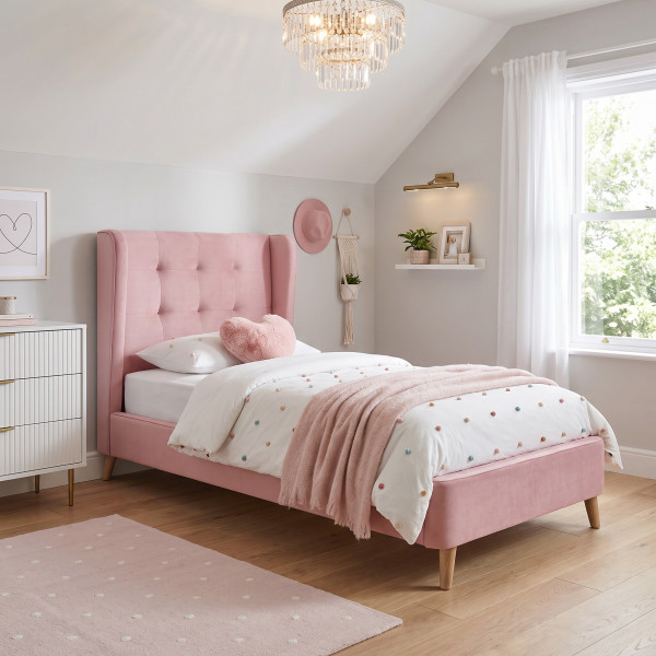 BLUSH modern kárpitozott ágy – rózsaszín – 90 × 200 cm