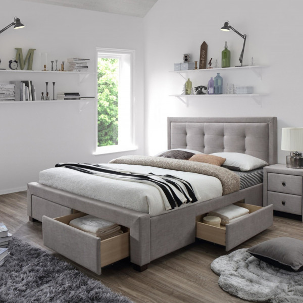 FRAME modern kárpitozott franciaágy 4 fiókkal – bézs / dió – 160 × 200 cm