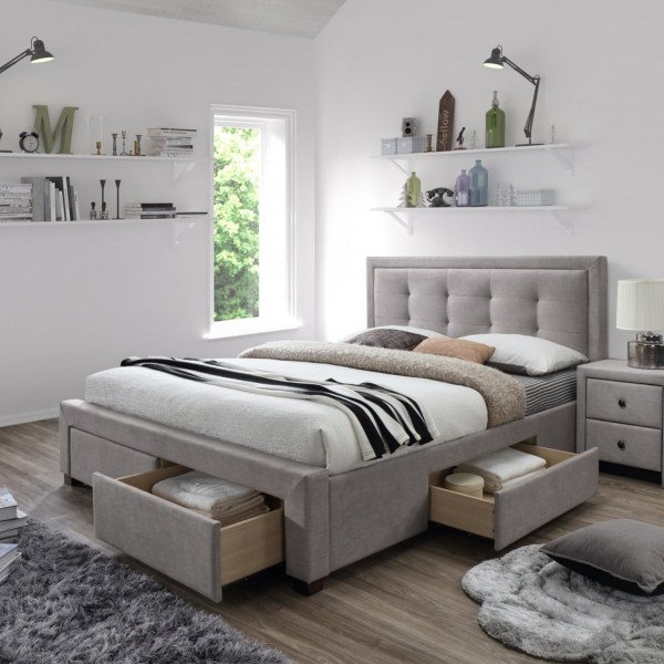 FRAME modern kárpitozott franciaágy 4 fiókkal – bézs / dió – 160 × 200 cm