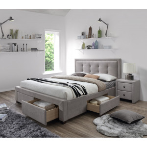 FRAME modern kárpitozott franciaágy 4 fiókkal – bézs / dió – 160 × 200 cm