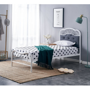 GRACE modern fém ágy kárpitozott fejtámlával – fehér / szürke – 90 × 200 cm