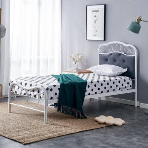 GRACE modern fém ágy kárpitozott fejtámlával – fehér / szürke – 90 × 200 cm 90 cm