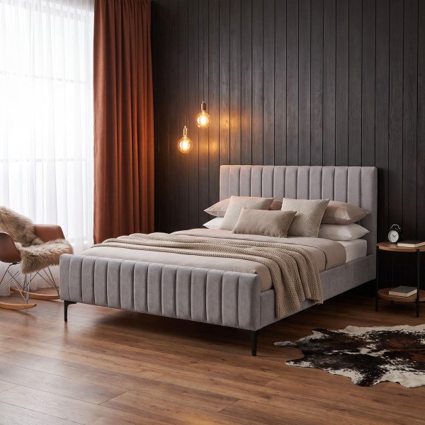 LINE modern kárpitozott franciaágy – világosszürke / fekete – 160 × 200 cm