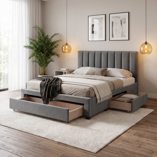 PLUME modern kárpitozott franciaágy fiókokkal – szürke – 160 × 200 cm