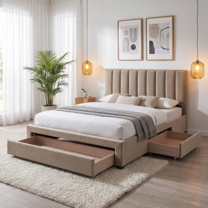 PLUME modern kárpitozott franciaágy 3 fiókkal – bézs – 140 × 200 cm 140 cm