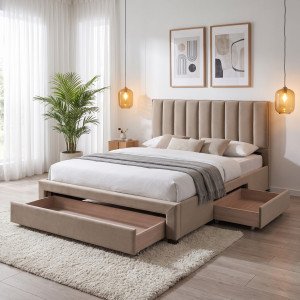 PLUME modern kárpitozott franciaágy 3 fiókkal – bézs – 140 × 200 cm 140 cm