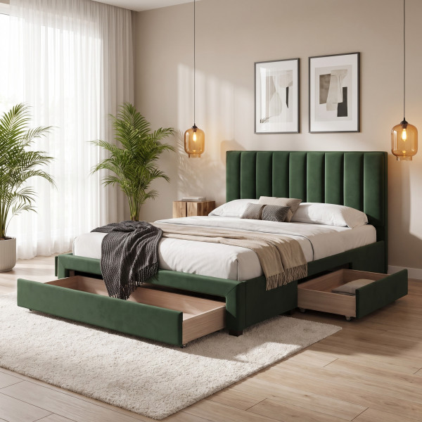 PLUME modern kárpitozott franciaágy tárolófiókokkal – sötétzöld – 160 × 200 cm