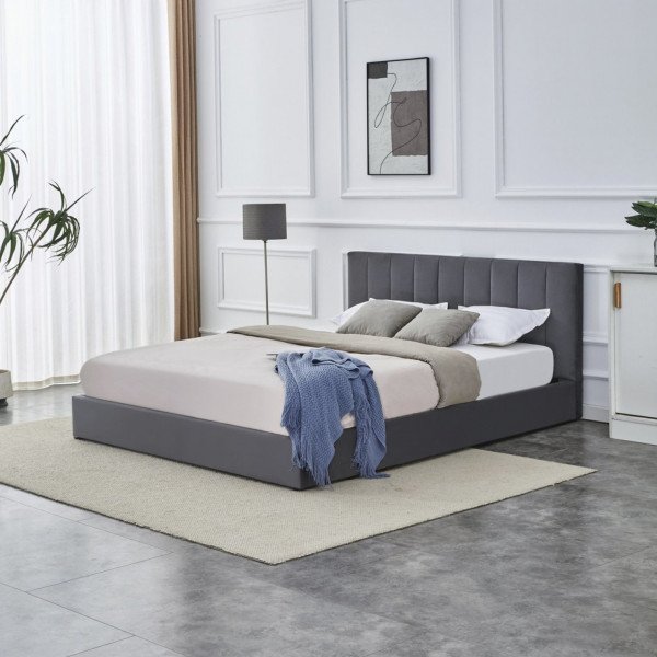 NIMBUS modern kárpitozott franciaágy ágyneműtartóval – szürke – 160 × 200 cm