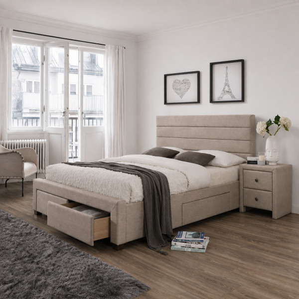 STOW modern kárpitozott franciaágy 4 tárolófiókkal – bézs / dió – 160 × 200 cm