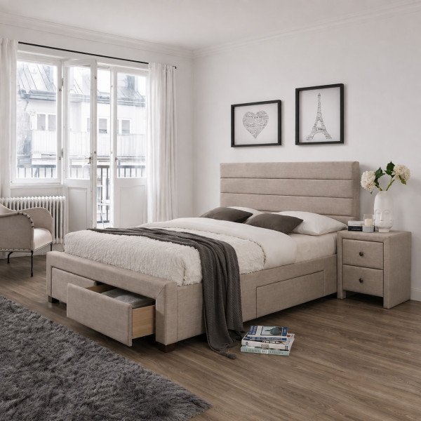STOW modern kárpitozott franciaágy 4 tárolófiókkal – bézs / dió – 160 × 200 cm