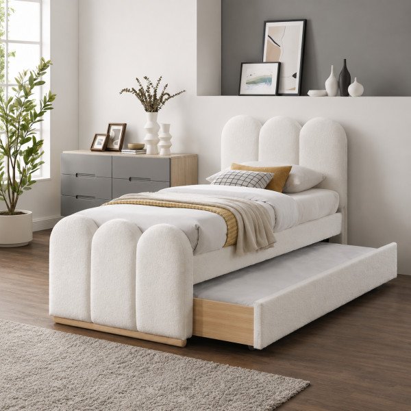 ELVERA modern kárpitozott ágy kihúzható pótággyal – krém – 90 × 200 cm