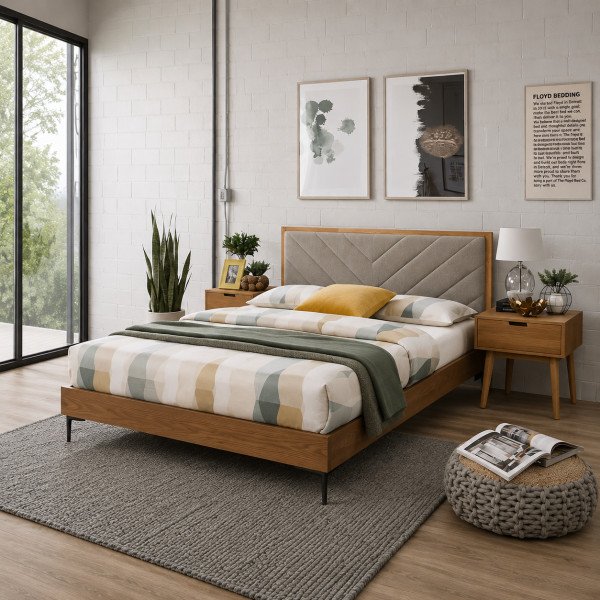 NORD modern franciaágy kárpitozott fejtámlával – szürke / natúr – 160 × 200 cm