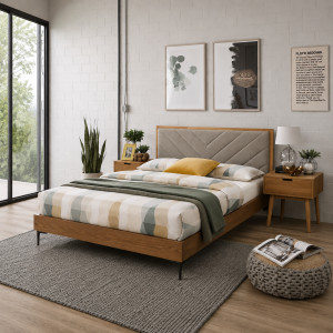 NORD modern franciaágy kárpitozott fejtámlával – szürke / natúr – 160 × 200 cm Ágyak