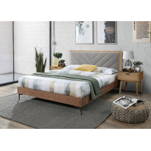 NORD modern franciaágy kárpitozott fejtámlával – szürke / natúr – 160 × 200 cm
