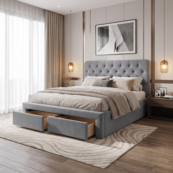 PILLOW modern kárpitozott franciaágy 2 tárolófiókkal – szürke – 160 × 200 cm