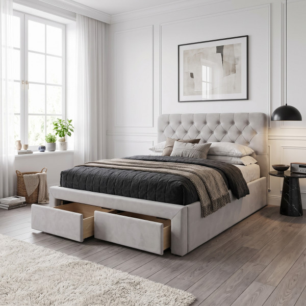 PILLOW modern kárpitozott franciaágy 2 tárolófiókkal – bézs – 160 × 200 cm