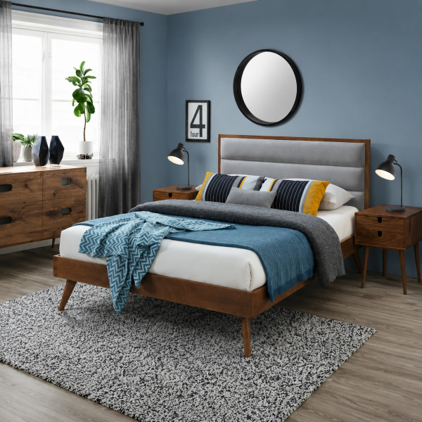 RIDGE modern franciaágy kárpitozott fejtámlával – szürke / dió – 160 × 200 cm