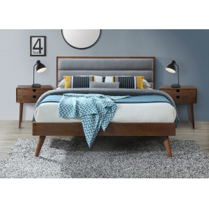 RIDGE modern franciaágy kárpitozott fejtámlával – szürke / dió – 160 × 200 cm