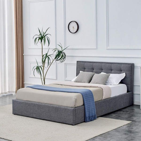 FOLD modern kárpitozott franciaágy ágyneműtartóval – szürke – 140 × 200 cm