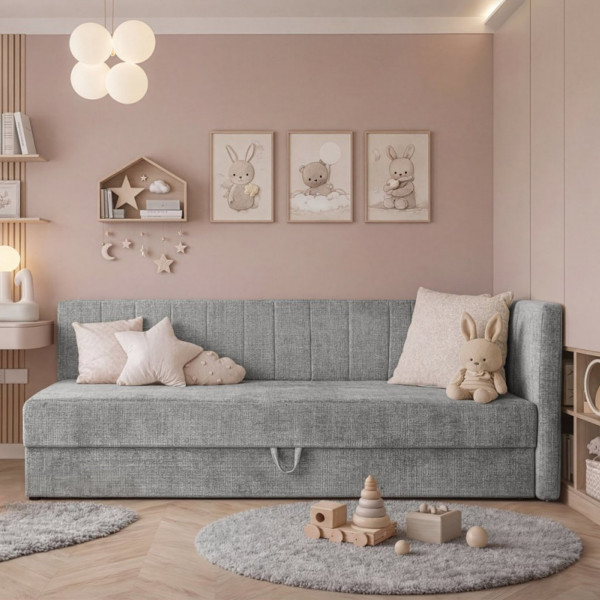 SNOOZE kárpitozott ágy beépített matraccal és ágyneműtartóval – szürke – 90 × 200 cm