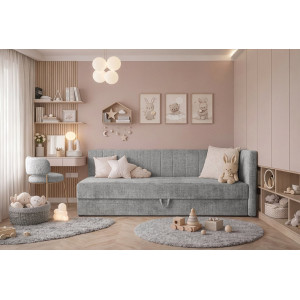 SNOOZE kárpitozott ágy beépített matraccal és ágyneműtartóval – szürke – 90 × 200 cm