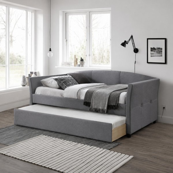 DUO modern kárpitozott ágy kihúzható pótággyal – szürke – 90 × 200 cm