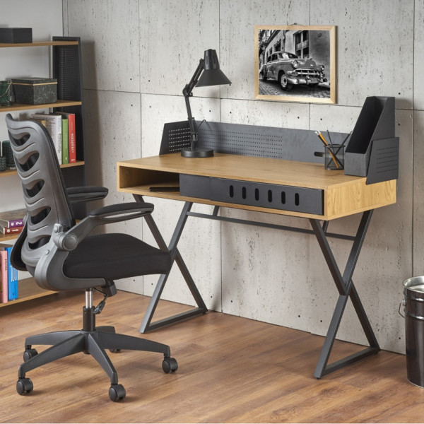 LOFTY modern loft íróasztal polccal – Golden tölgy / fekete – 110 cm