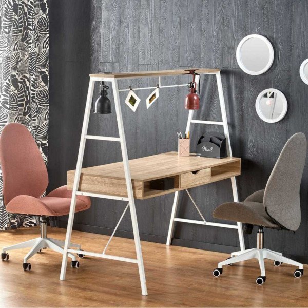 TWIN modern kétoldalas íróasztal – tölgy / fehér – 139 cm